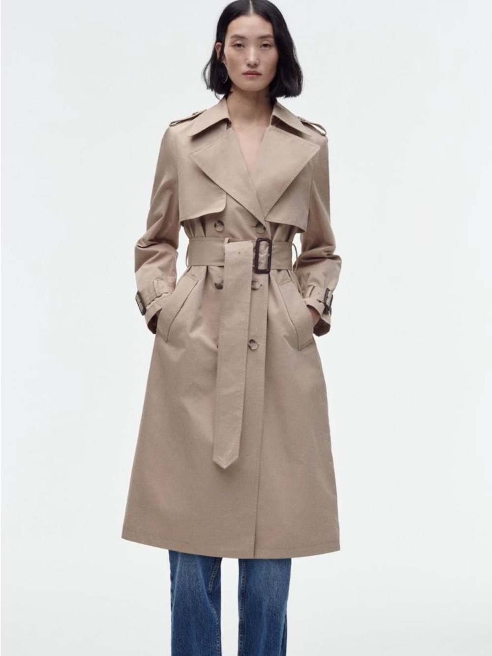Zara Long Double Breasted Trench Coat XL Beige Belted Classic